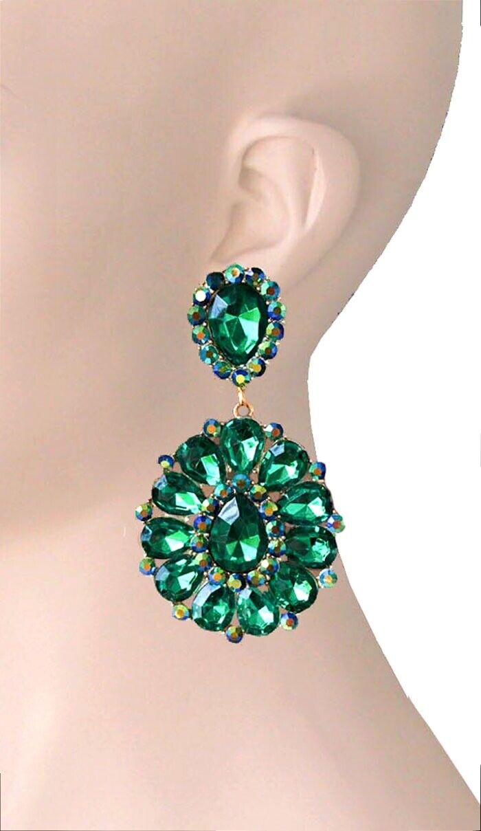 3.25 Long Cluster Clip On Earrings Forest Green Rhinestones Drag Queen  Pageant – Anima Boutique